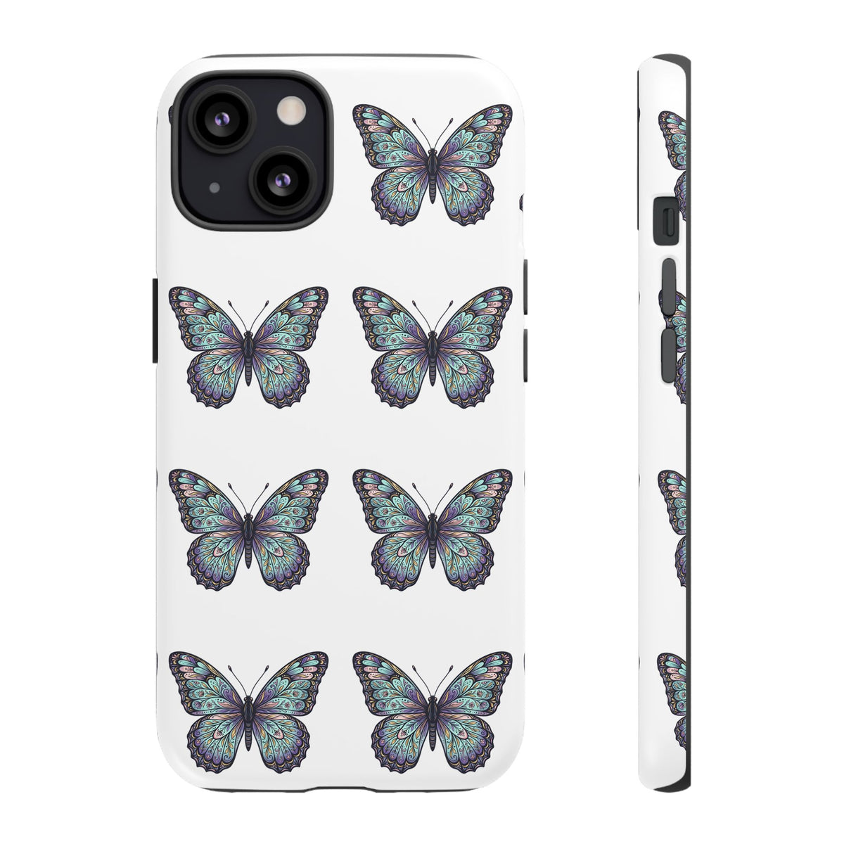 Butterfly Pattern Tough Phone Case — Vintage Teal Floral Protective Cover