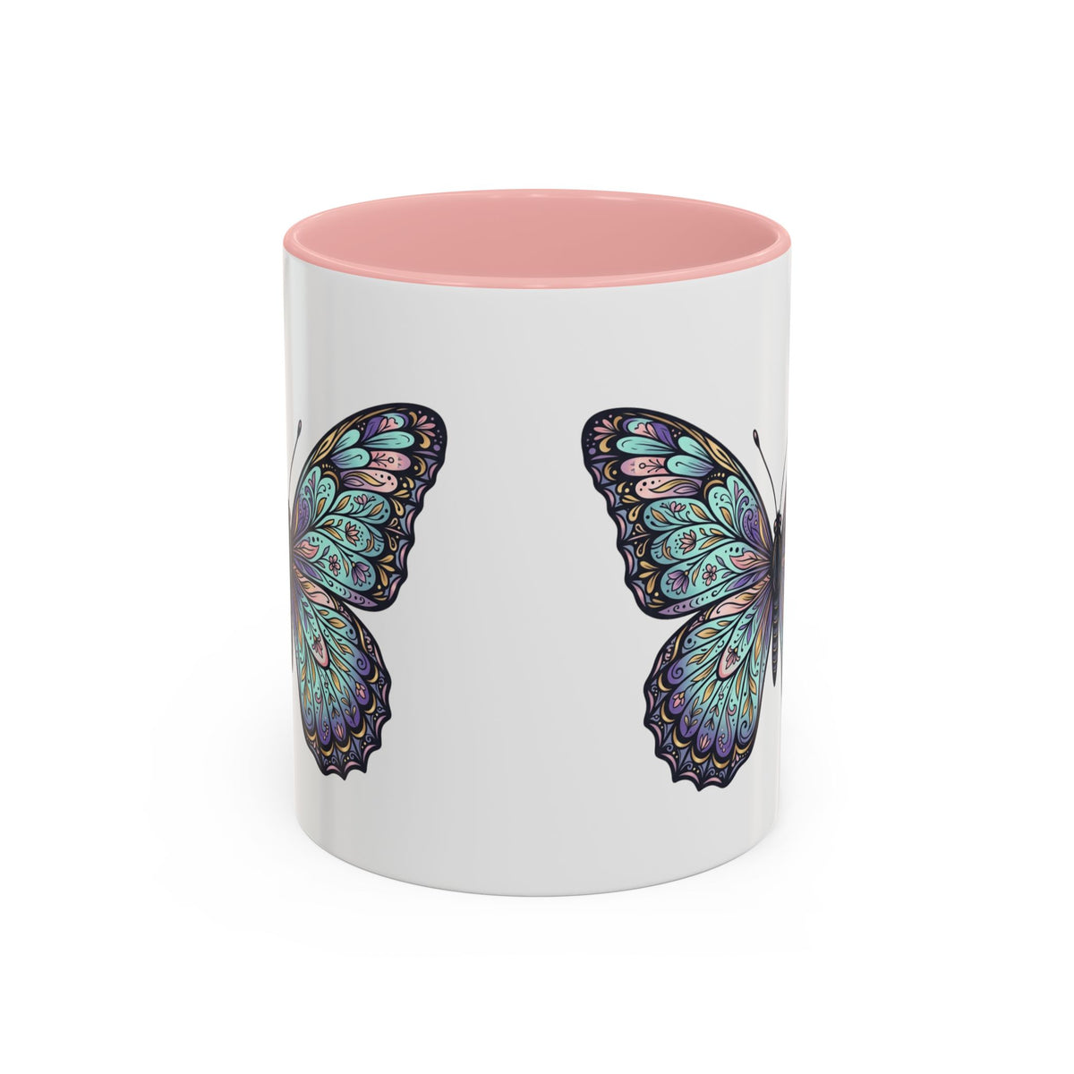 Butterfly Accent Coffee Mug — Teal Mandala Wing Design (11/15oz)