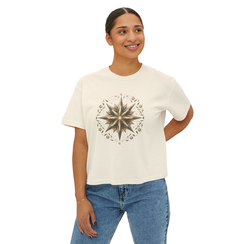 Starburst Floral Boxy Tee — Women's Boho Graphic Crop T-Shirt