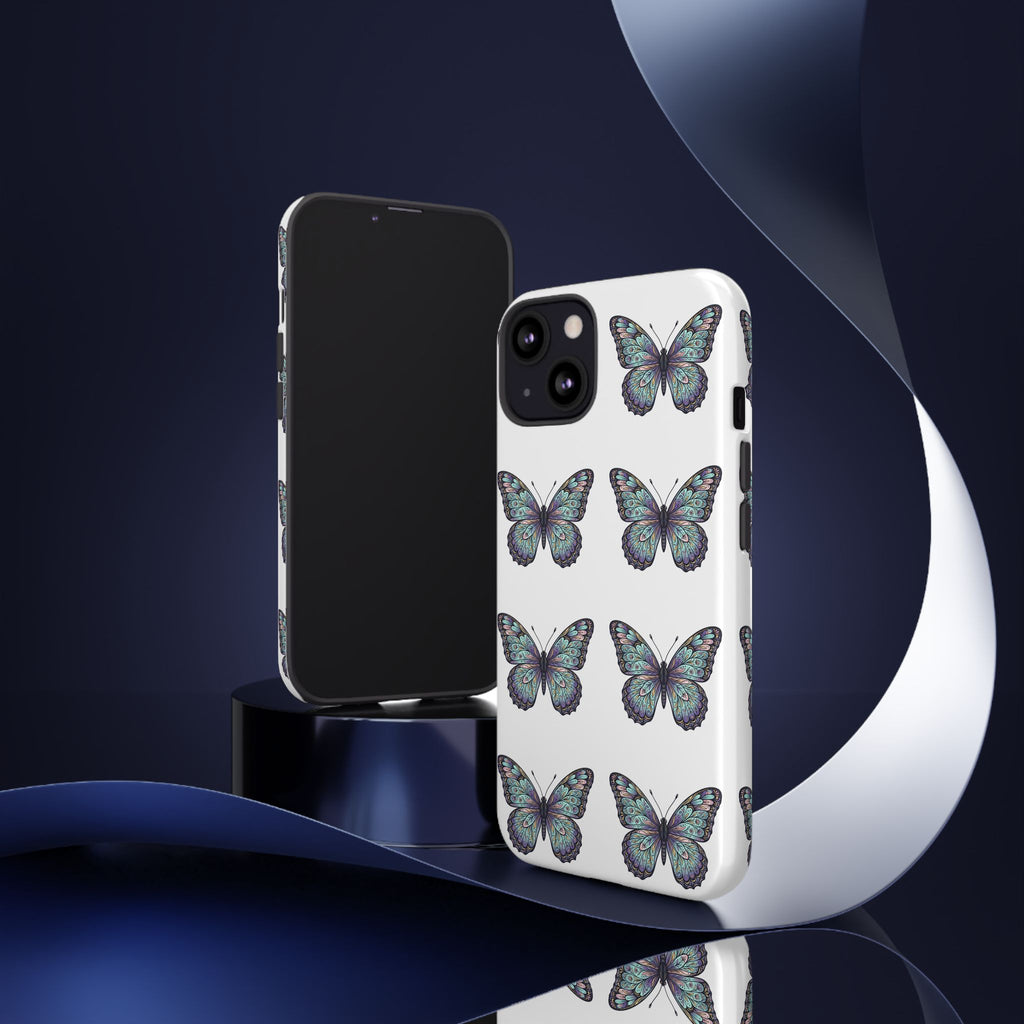 Butterfly Pattern Tough Phone Case — Vintage Teal Floral Protective Cover