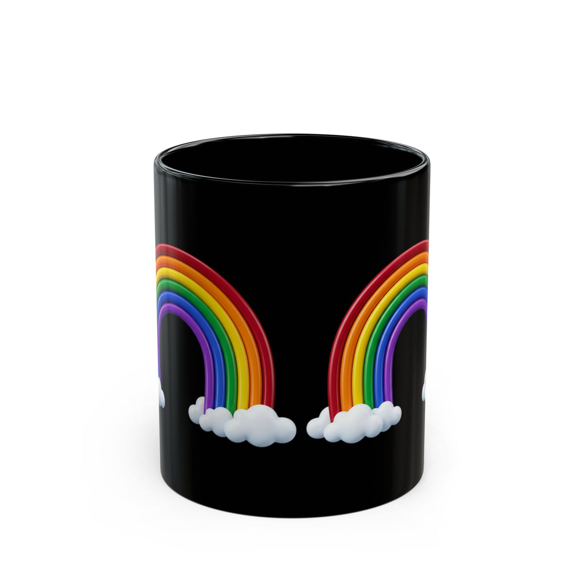 Black Rainbow Mug (11oz/15oz) — Colorful Rainbow & Clouds Coffee Cup