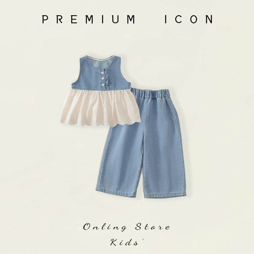Denim Vest and Wide-Leg Pants Two-Piece Set for Girls