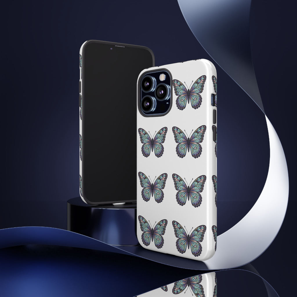 Butterfly Pattern Tough Phone Case — Vintage Teal Floral Protective Cover