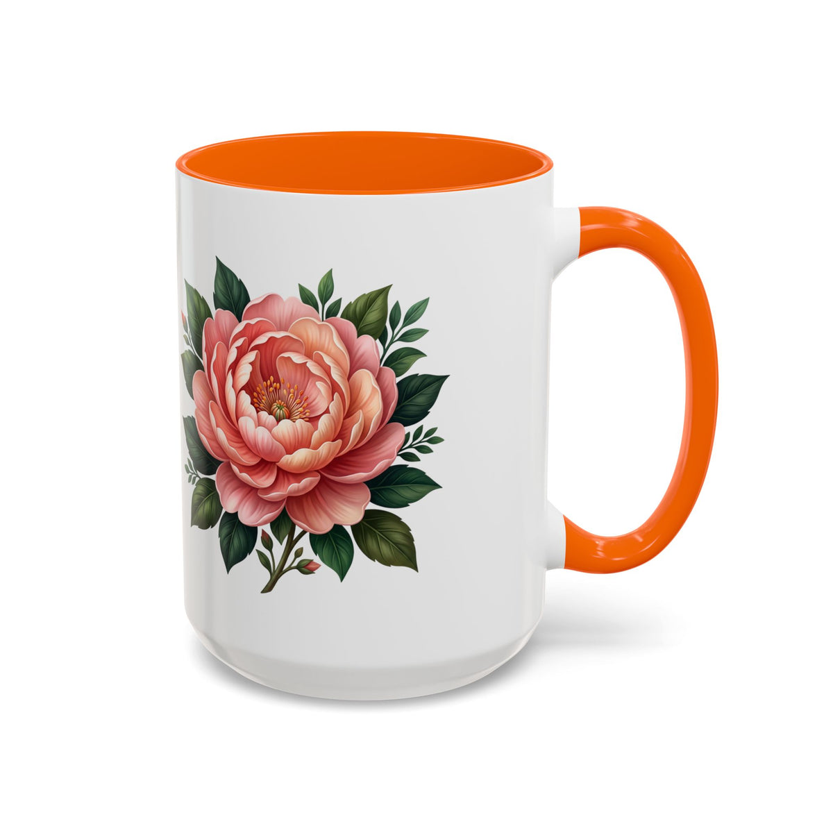 Floral Peony Accent Coffee Mug — Pink Rose Bloom Ceramic Cup
