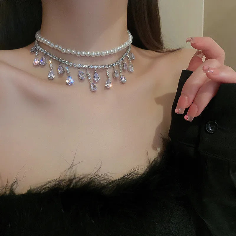 Luxury Pearl Choker Necklaces for Women Tassel Water Drop Zircon Crystal Necklaces Wedding Banquet Jewelry
