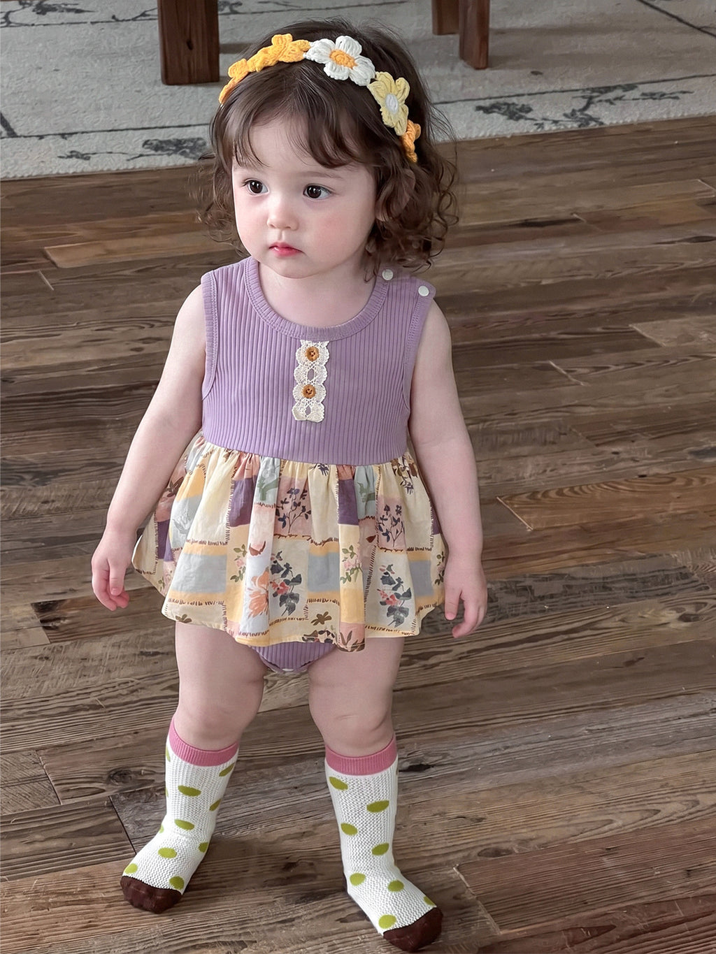 Striped Floral Patchwork Onesie, Newborn Baby Outfit for Outdoor Wear
