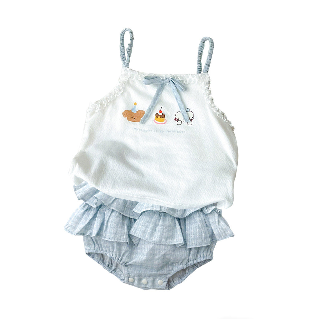 Cute Cartoon Strap Ruffle Bloomers Dress Set for Girls Kids Clothing, Summer Outfit Two-Piece Set