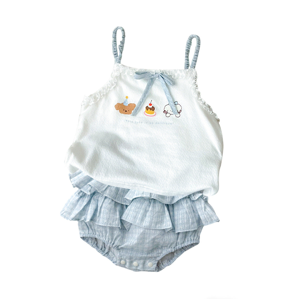 Cute Cartoon Strap Ruffle Bloomers Dress Set for Girls Kids Clothing, Summer Outfit Two-Piece Set