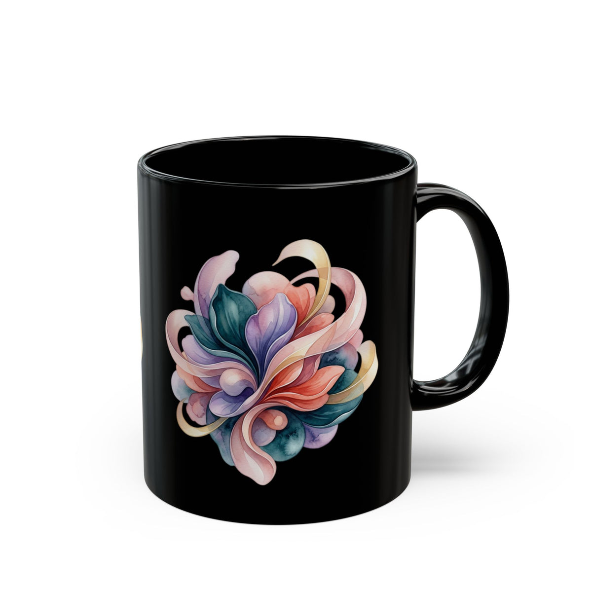 Floral Heart Black Mug — Colorful Watercolor Bouquet Coffee Cup (11oz & 15oz)