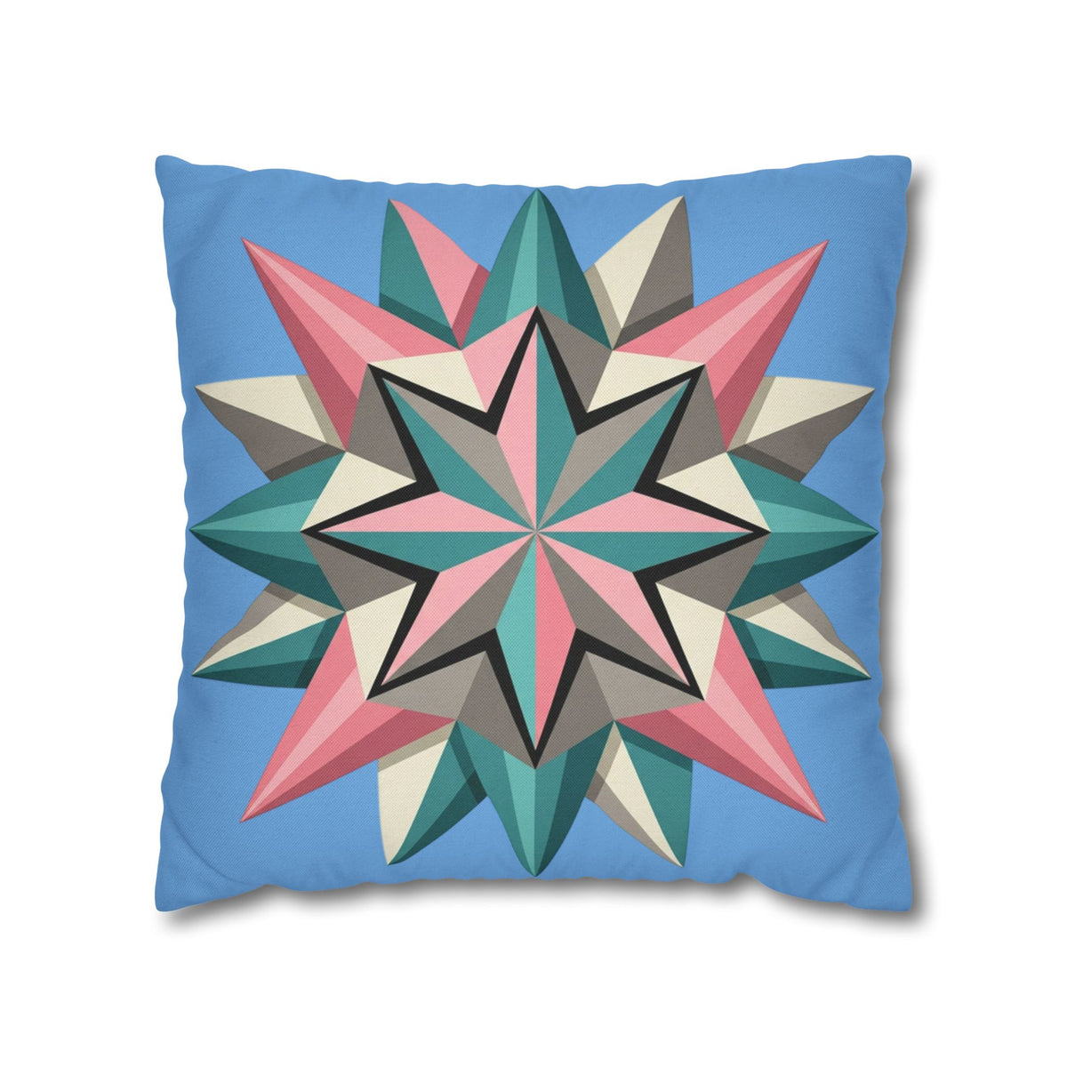 Geometric Starburst Throw Pillowcase – Pastel Compass Design on Sky Blue