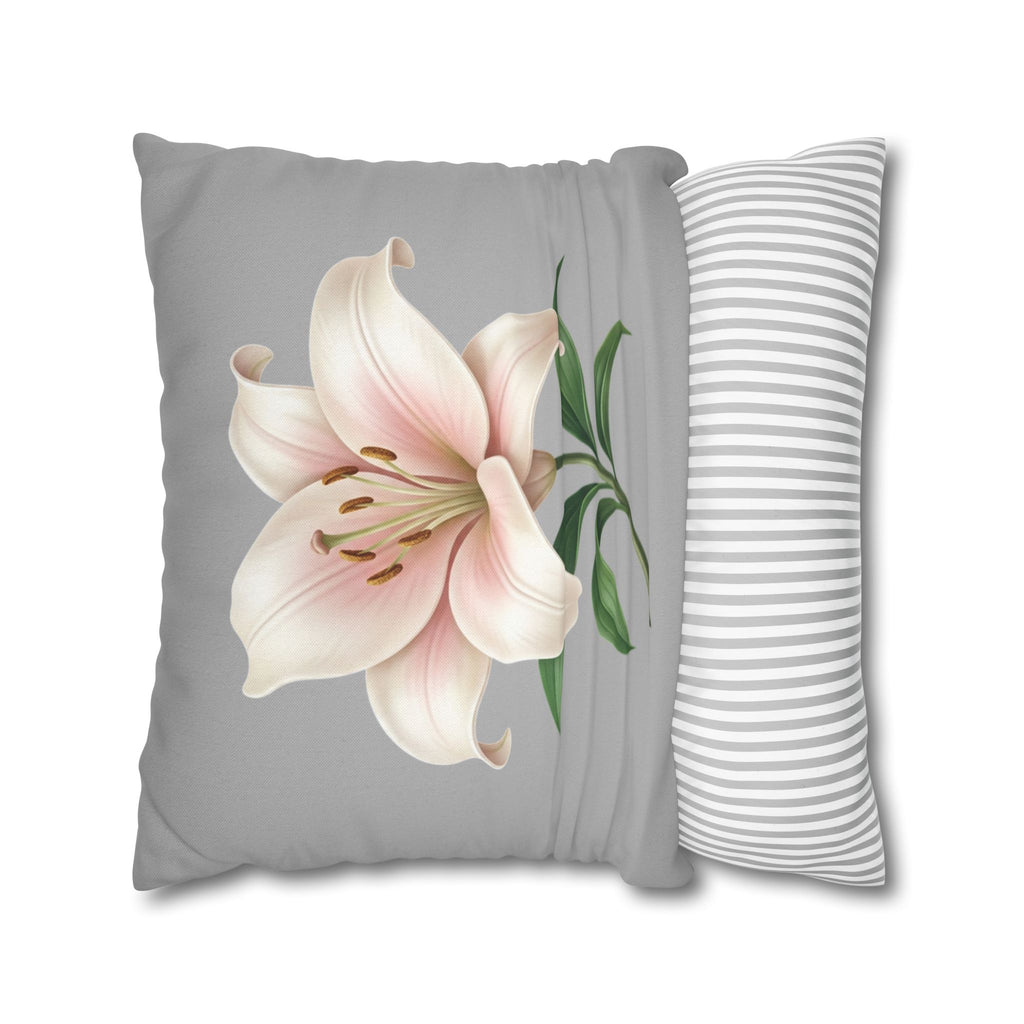 Floral Lily Throw Pillowcase — Pink Lily on Gray Decorative Cushion Cover