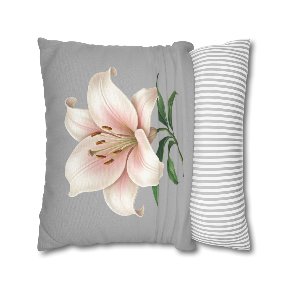 Floral Lily Throw Pillowcase — Pink Lily on Gray Decorative Cushion Cover