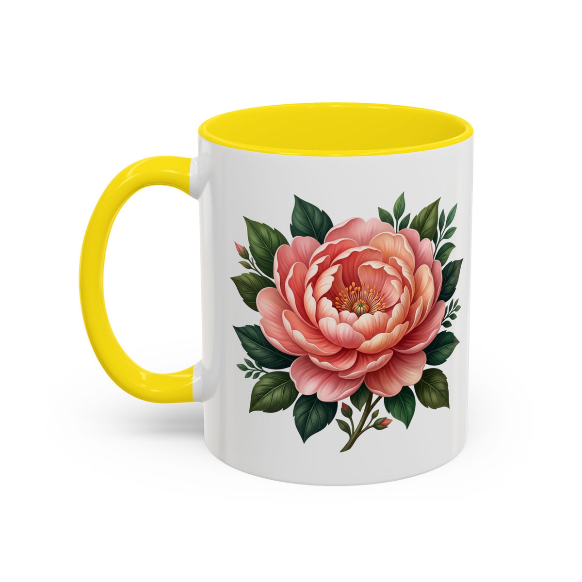 Floral Peony Accent Coffee Mug — Pink Rose Bloom Ceramic Cup