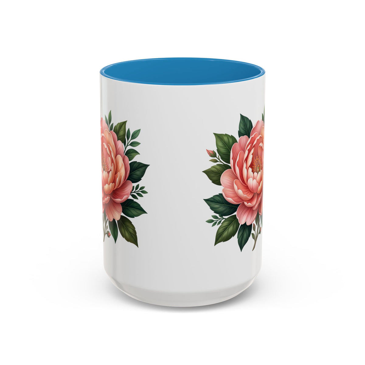 Floral Peony Accent Coffee Mug — Pink Rose Bloom Ceramic Cup