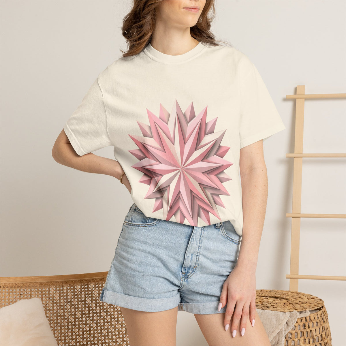 Geometric Rose Star T-Shirt — Pink 3D Origami Floral Tee