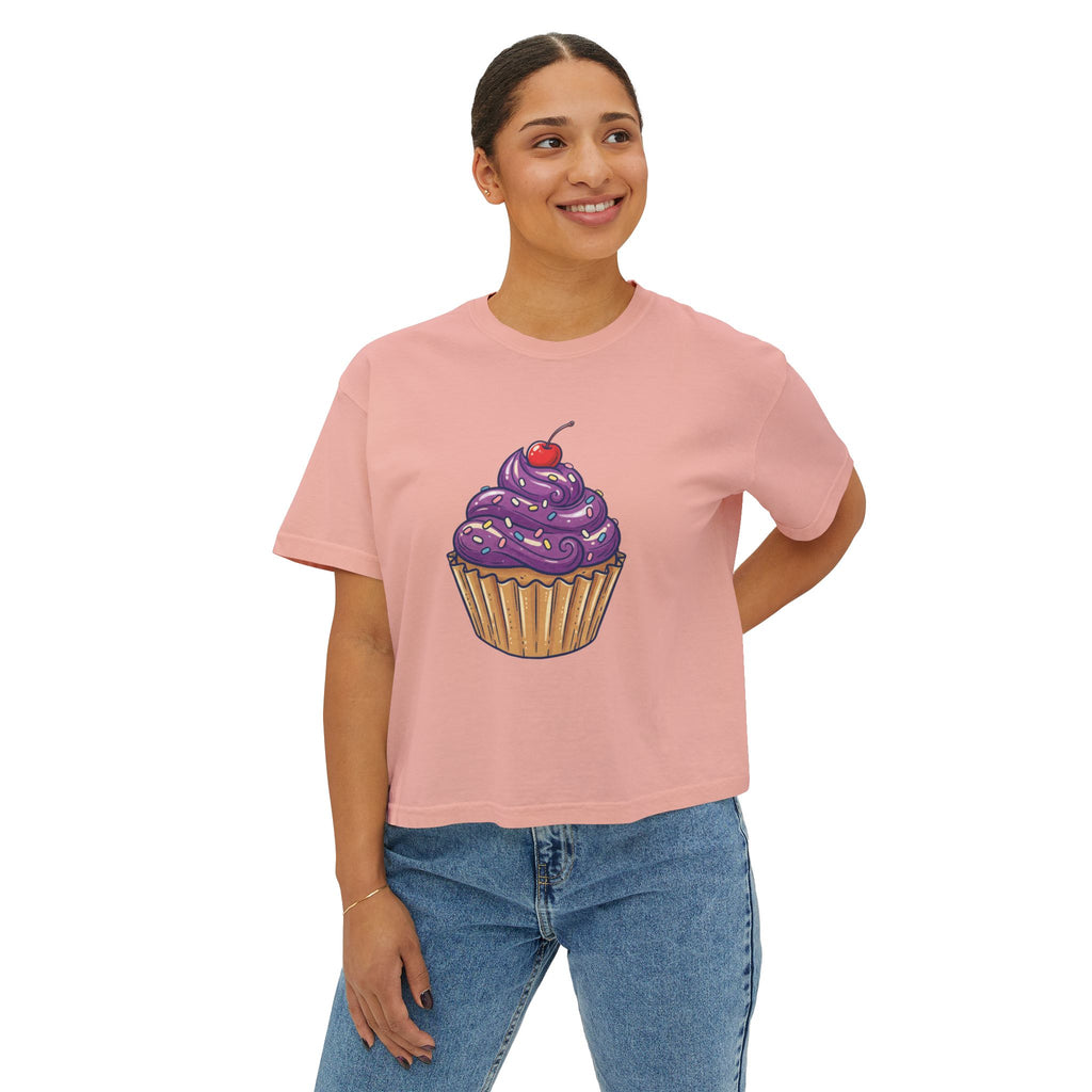 Cupcake Graphic Boxy Tee — Cute Purple Frosting Women's T-Shirt