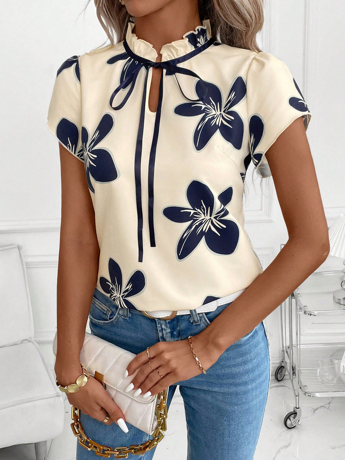 Fashionable Versatile Pleated Round Neck Tie-Print Short Sleeve Women's Blouse