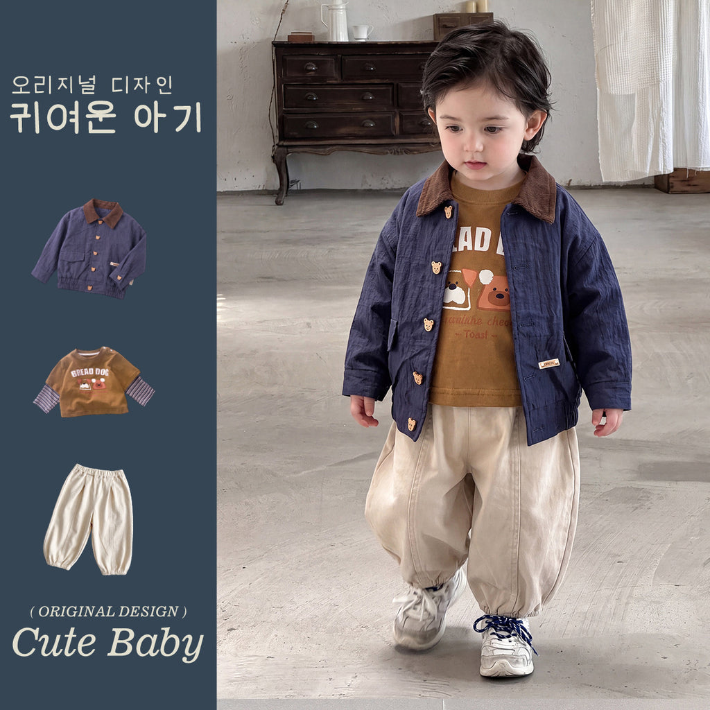 Children's Jacket Boys Flip Collar Jacket Printed T-Shirt Cuffed Pants  Children's Wear