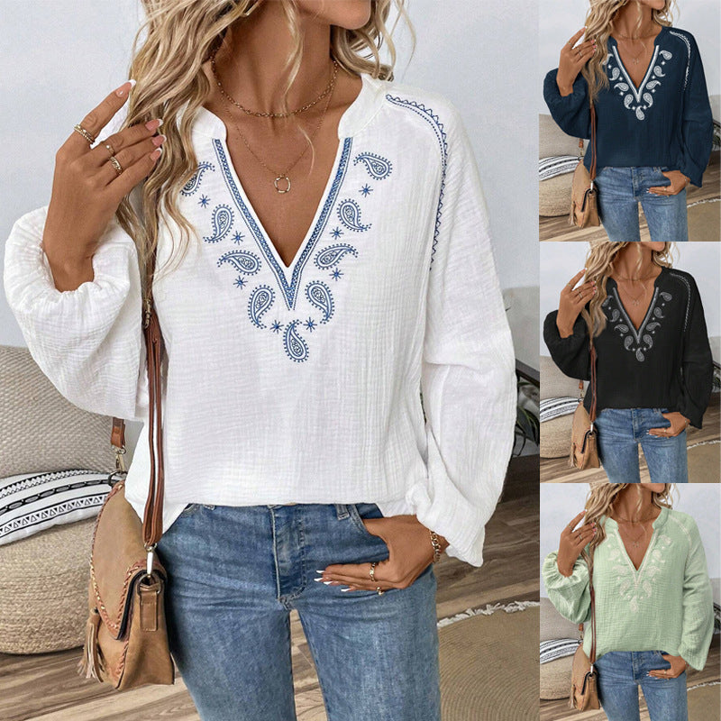 V-Neck Embroidered Pure Cotton Top for Women