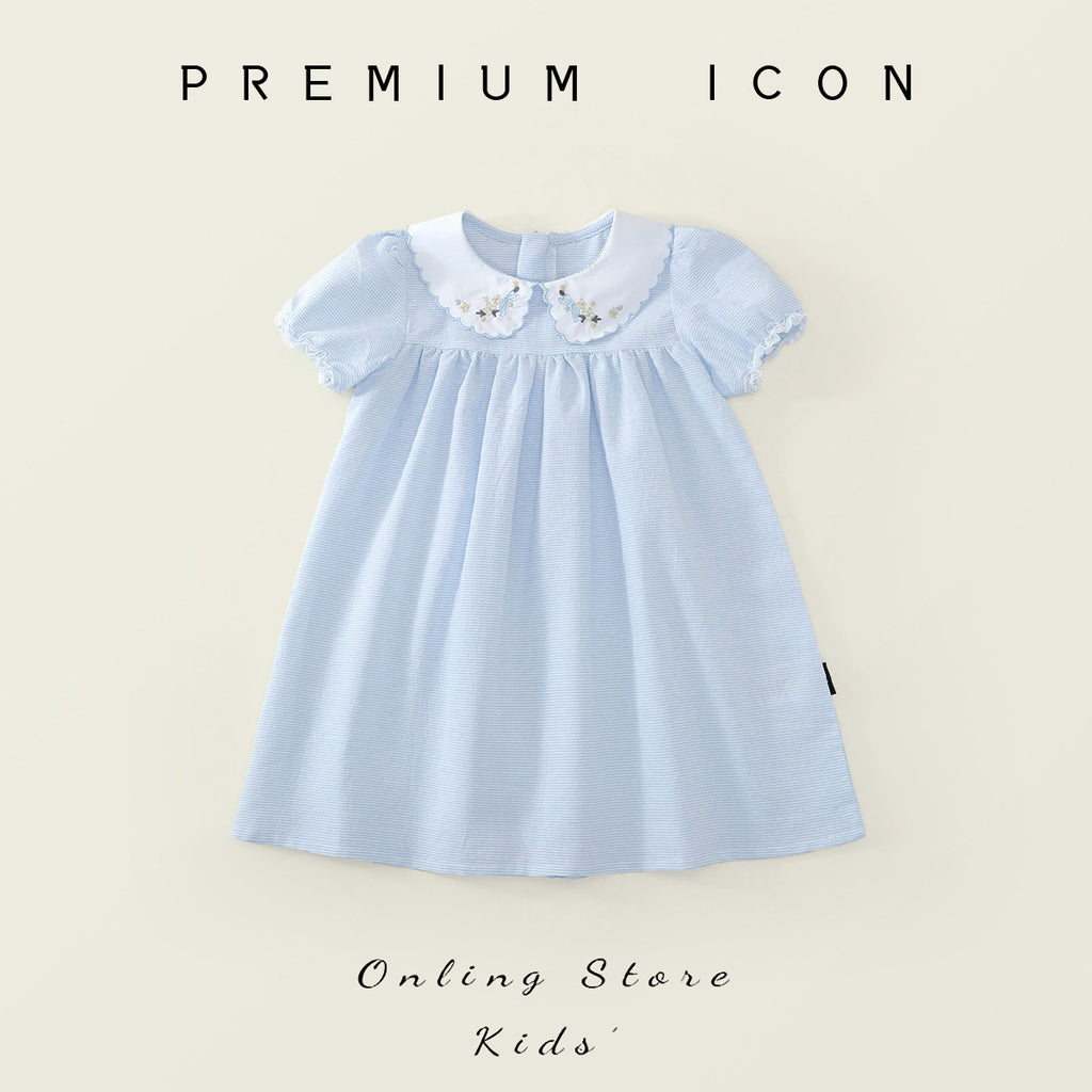 Girls' Peter Pan Collar Embroidered Short Sleeve Dress
