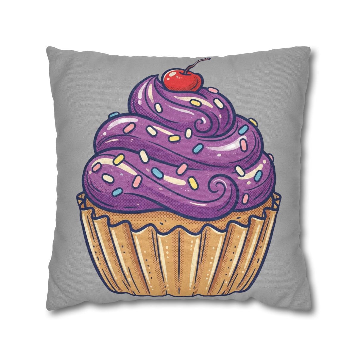 Cupcake Cushion Cover — Purple Frosting Dessert Pillowcase- Light Grey