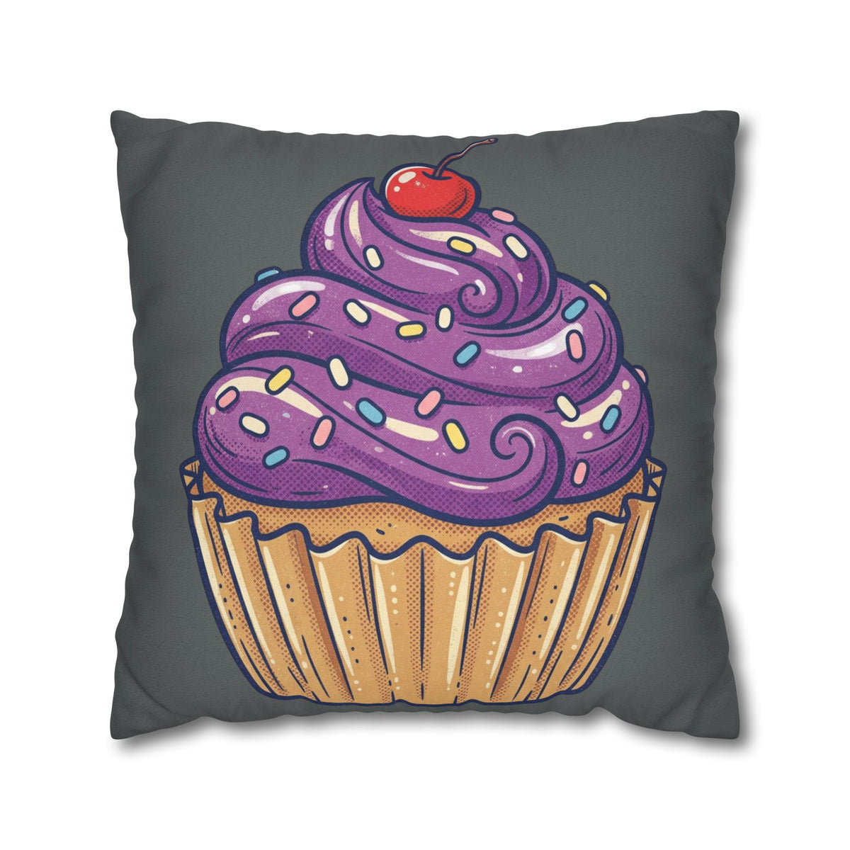 Cupcake Pillowcase — Whimsical Purple Frosting Decorative Throw Pillow- Dark Grey