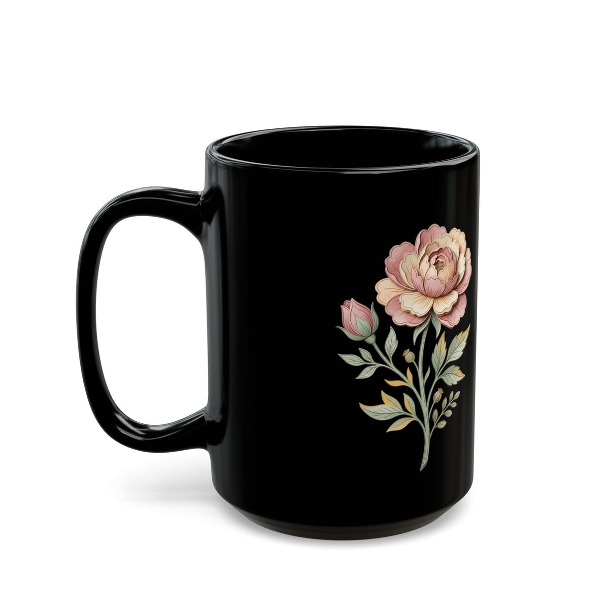Floral Vintage Rose Black Ceramic Mug — Elegant Pink Peony Coffee Cup (11oz/15oz)