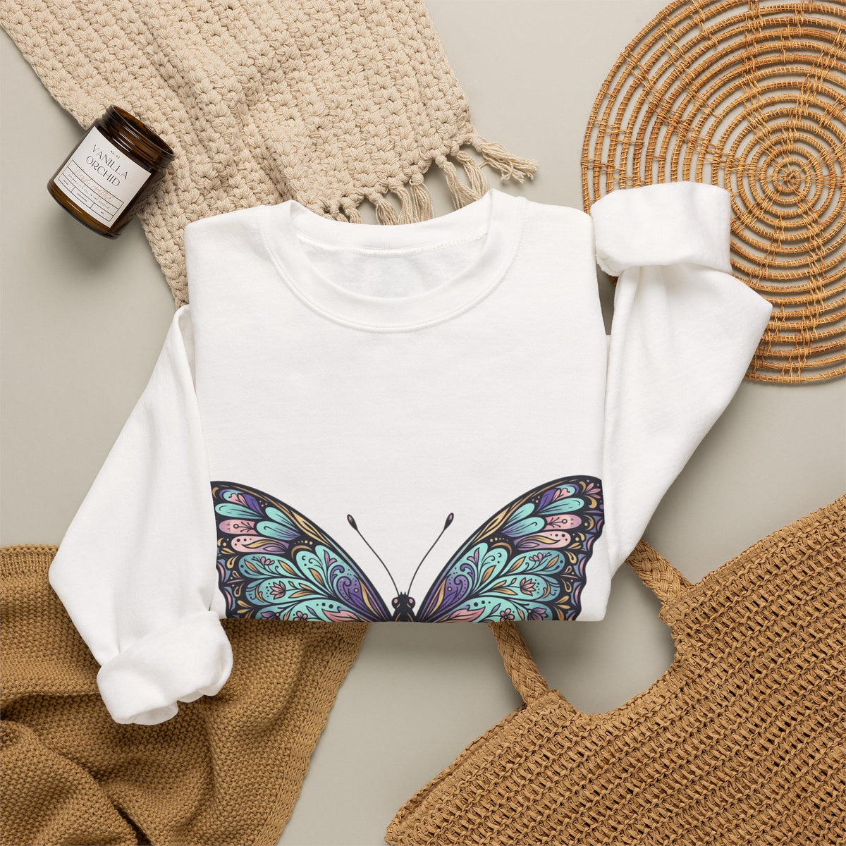 Butterfly Crewneck Sweatshirt – Teal Purple Watercolor Wing Design