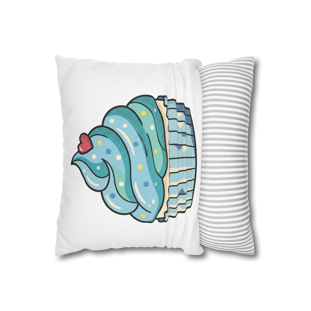 Cupcake Throw Pillowcase — Cute Blue Frosting Decorative Pillow Cover- White