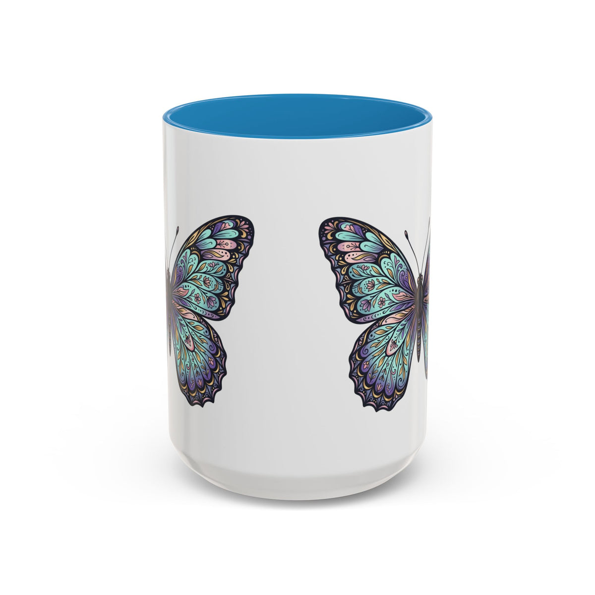 Butterfly Accent Coffee Mug — Teal Mandala Wing Design (11/15oz)
