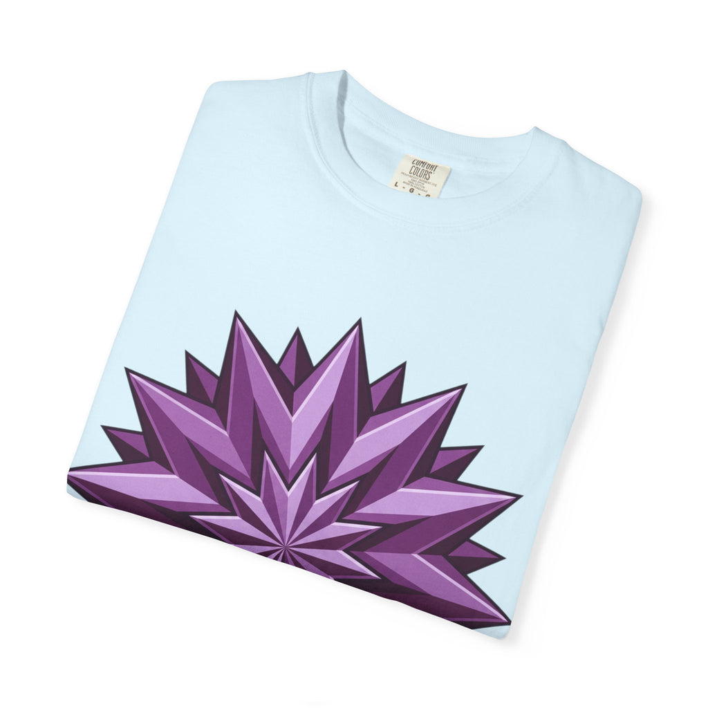 Purple Geometric Starburst T-Shirt — Bold 3D Floral Graphic Tee