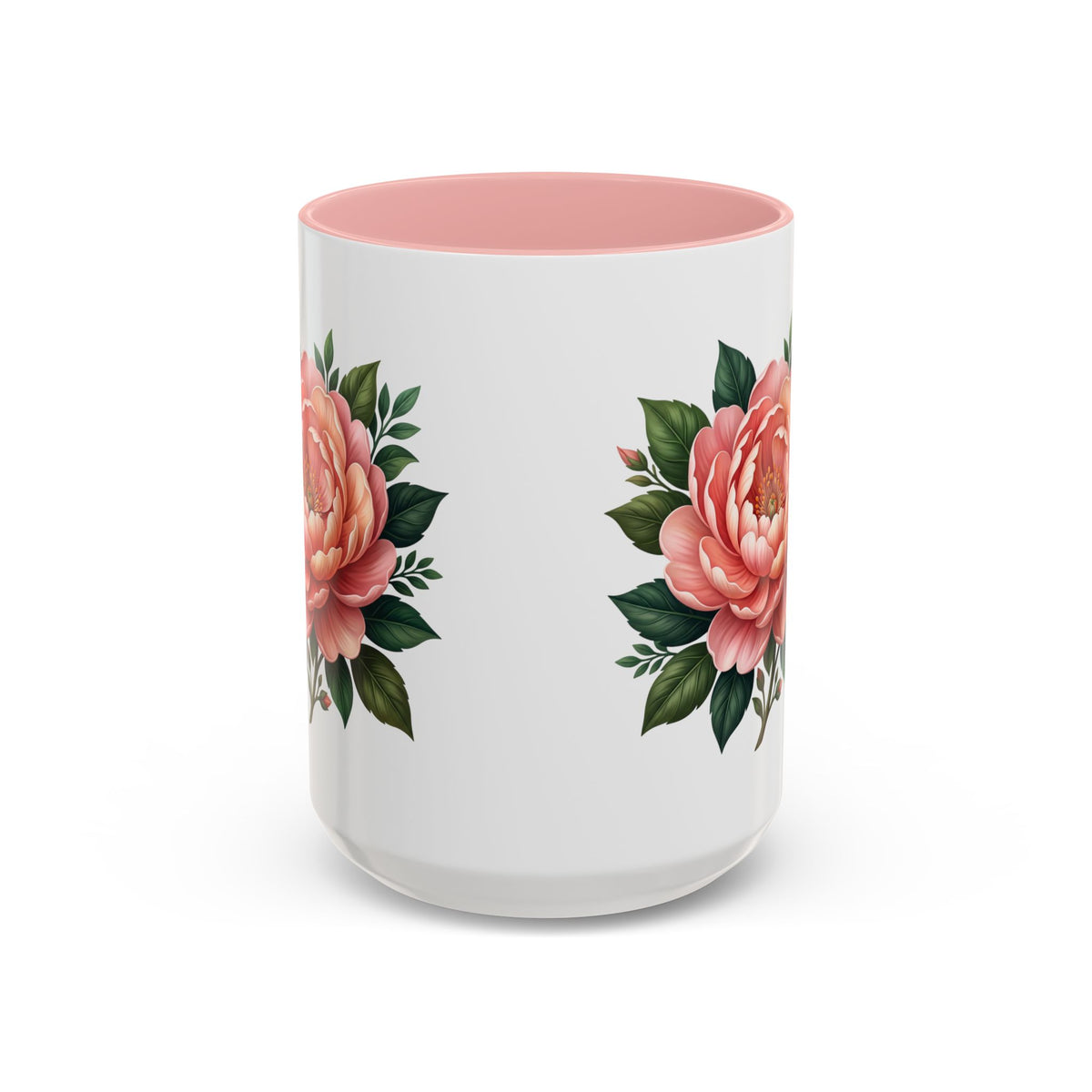 Floral Peony Accent Coffee Mug — Pink Rose Bloom Ceramic Cup