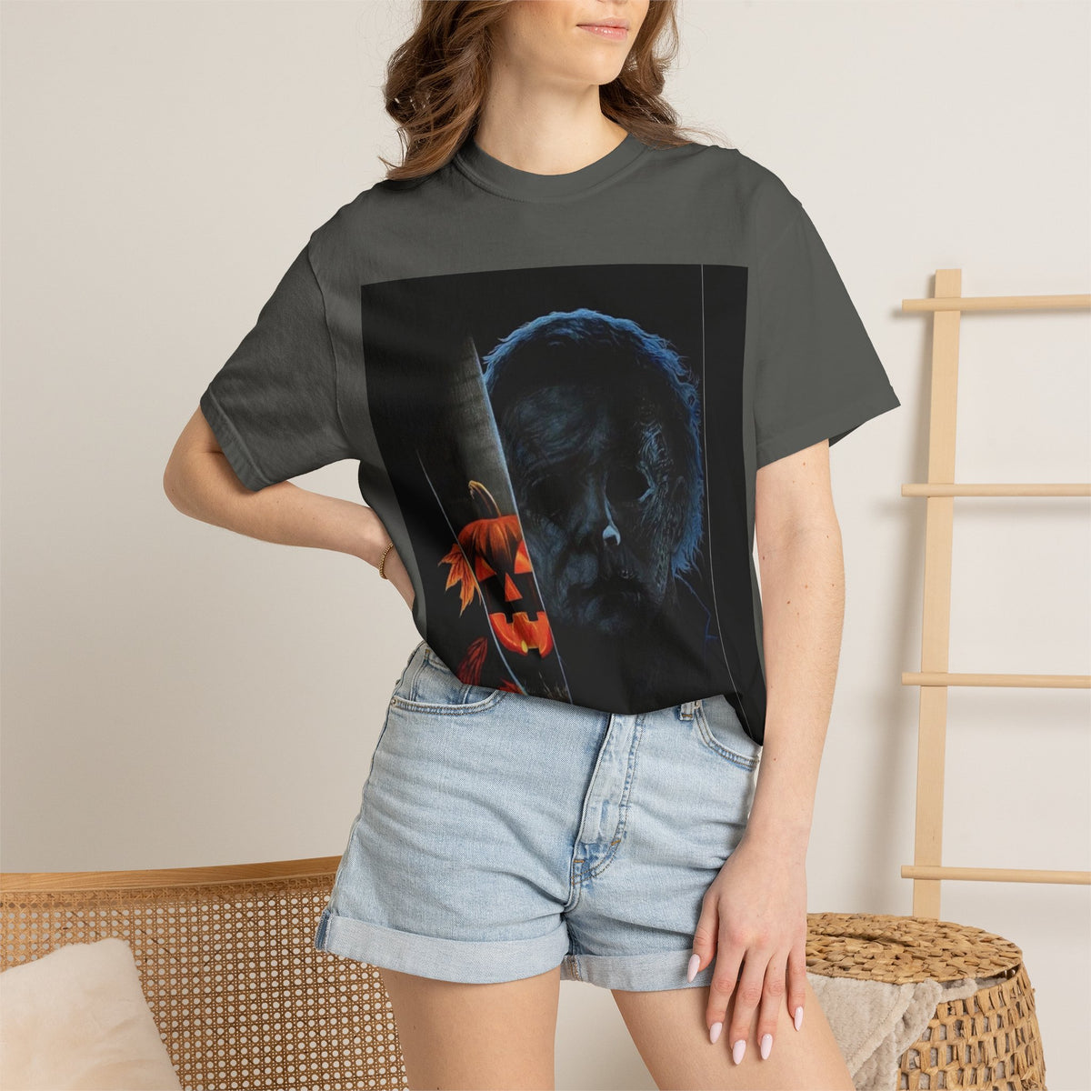 T-Shirt — Halloween Split-Face Pumpkin & Michael Myers Horror Graphic