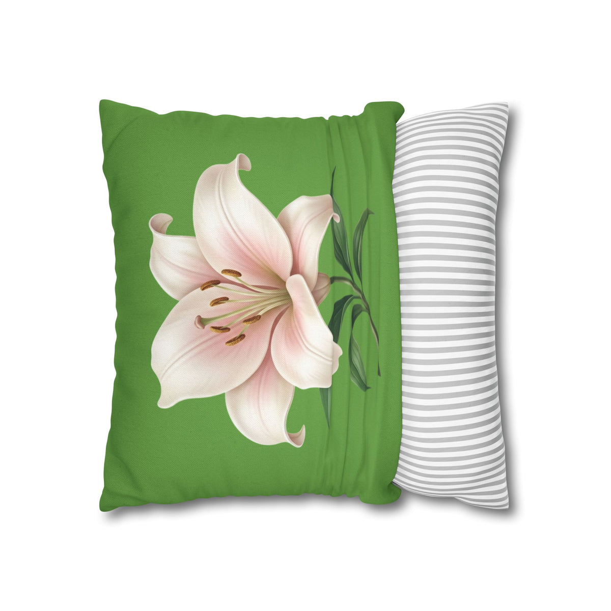 Pink Lily Floral Pillowcase — Green Square Decorative Pillow Cover