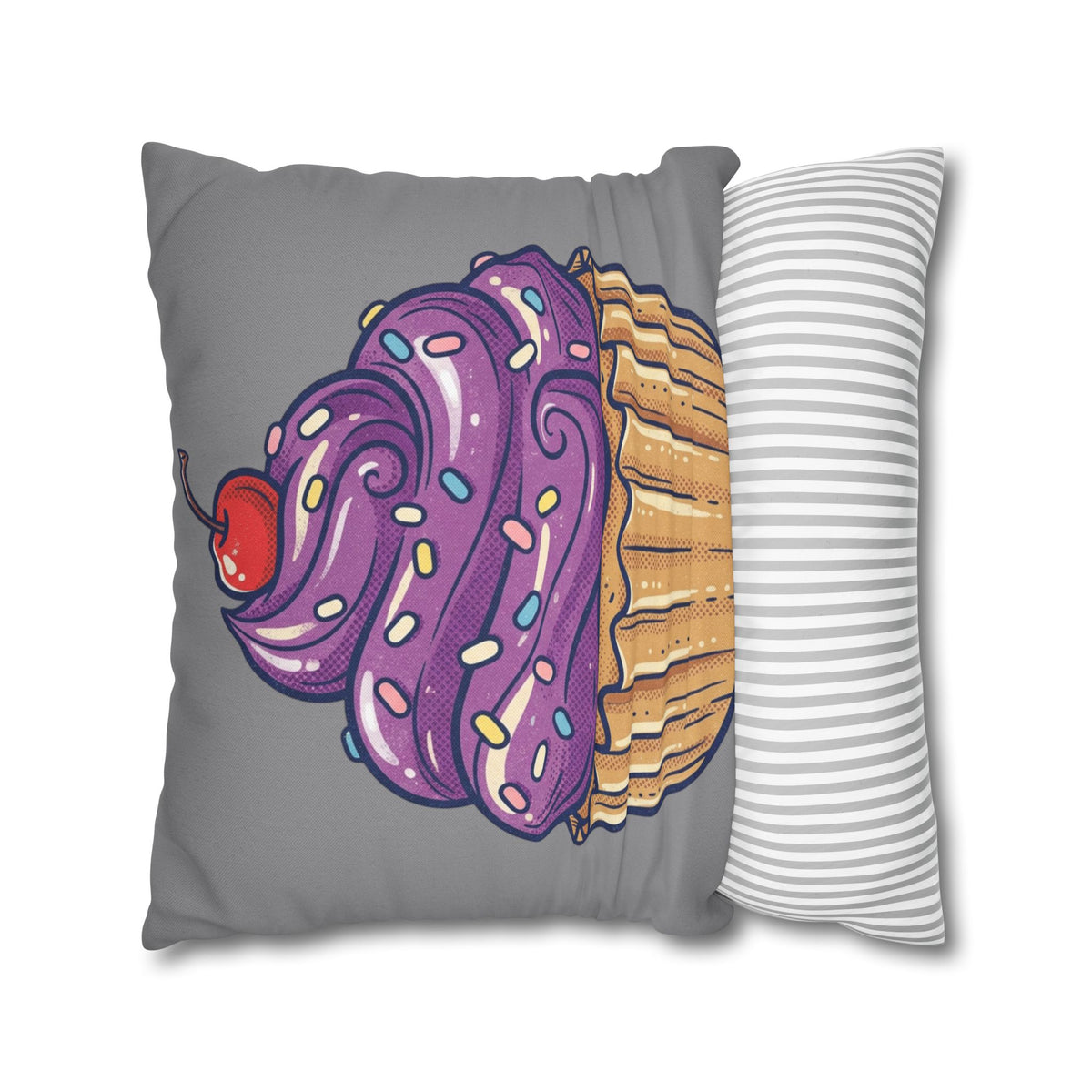 Cupcake Pillowcase — Whimsical Purple Frosting Decorative Throw Pillow- Grey