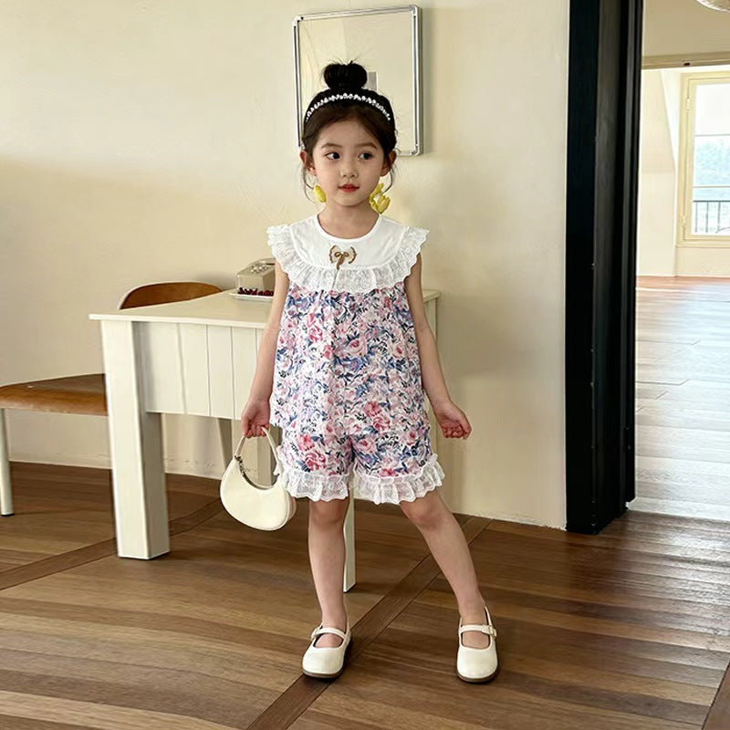 Summer clothes big flower short sleeved two-piece set