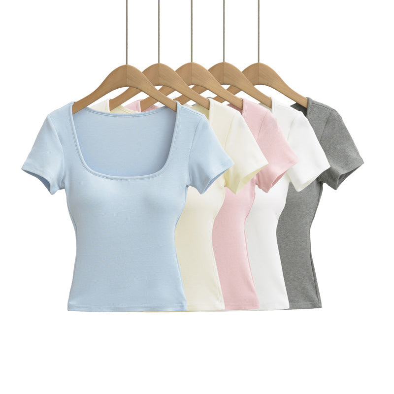 Slim Fit Round Neck Candy Color Short Sleeve T-Shirt with Padded Cups