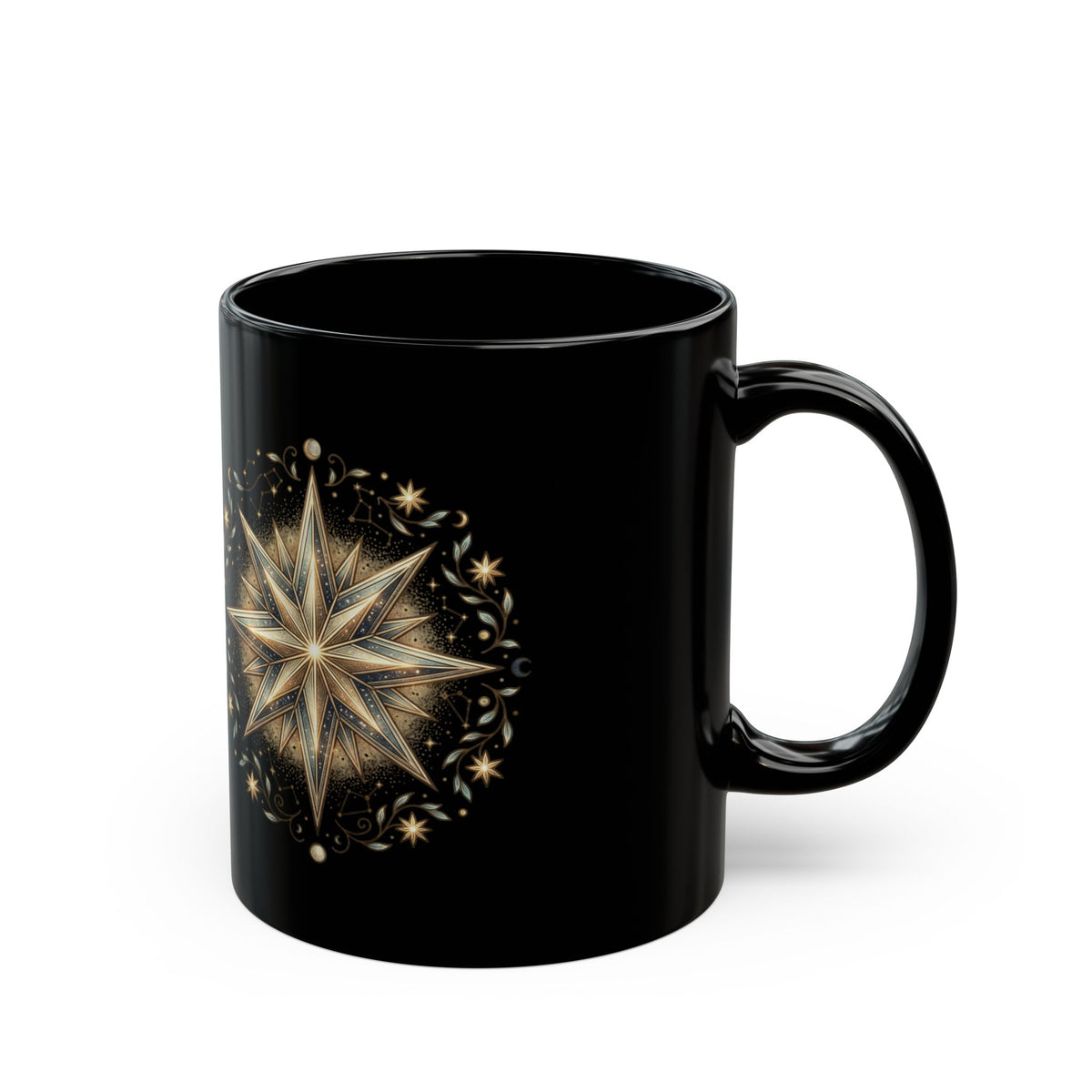 Black Ceramic Mug — Gold Nautical Compass Star Design (11oz/15oz)