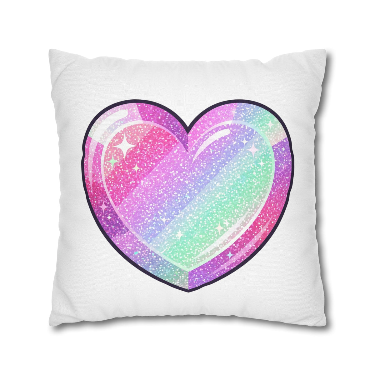 Pastel Glitter Heart Pillowcase — Cute Rainbow Sparkle Decorative Throw Pillow- White