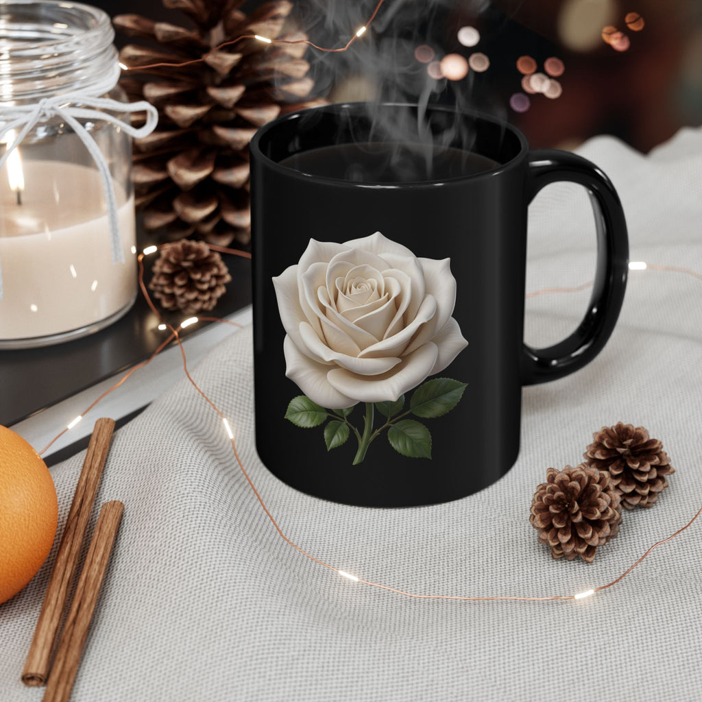 White Rose Black Mug — Elegant Floral Coffee Cup (11oz & 15oz)