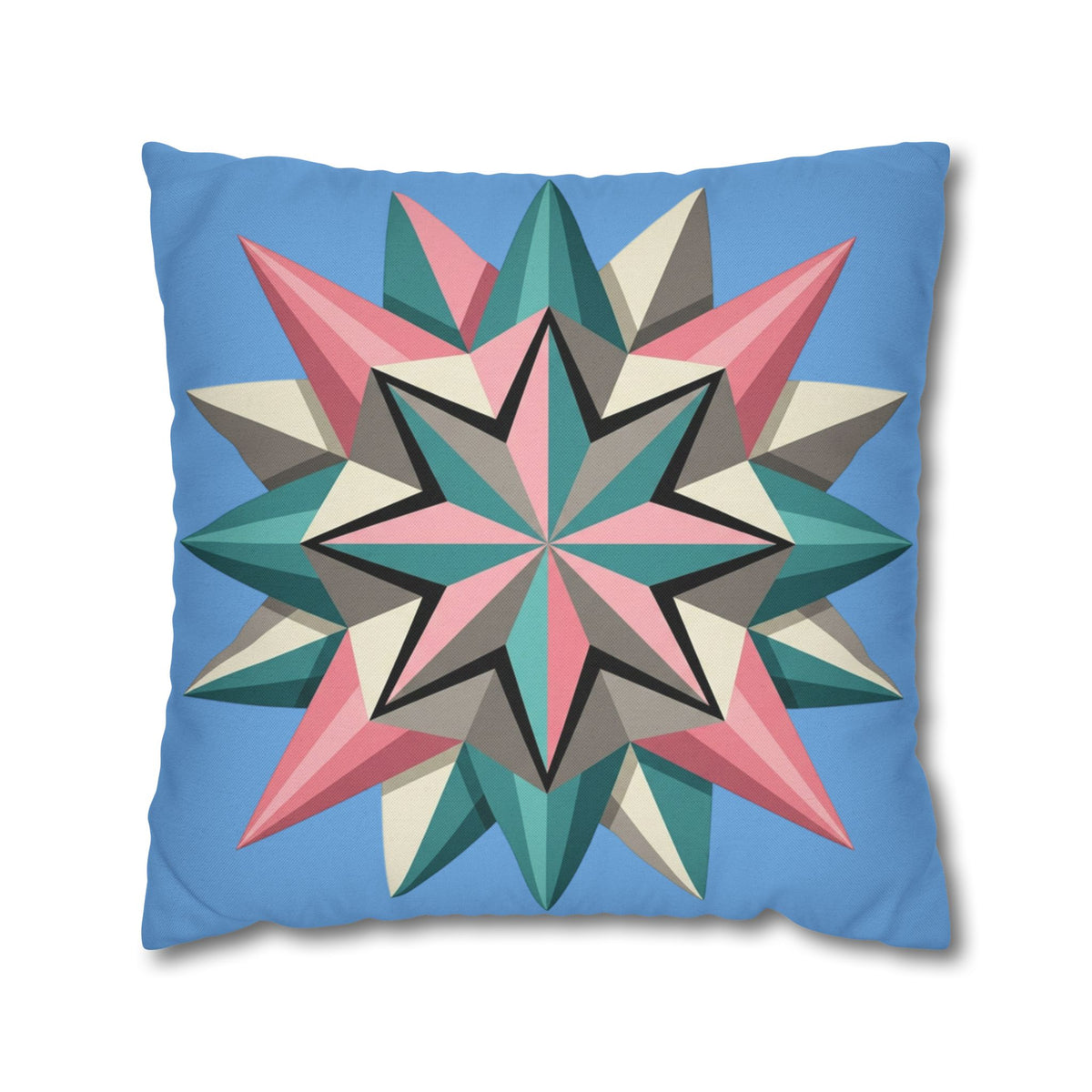 Geometric Starburst Throw Pillowcase – Pastel Compass Design on Sky Blue