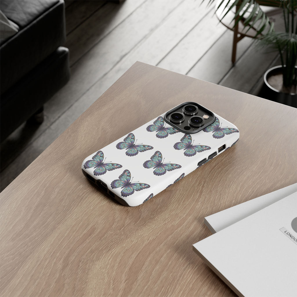 Butterfly Pattern Tough Phone Case — Vintage Teal Floral Protective Cover