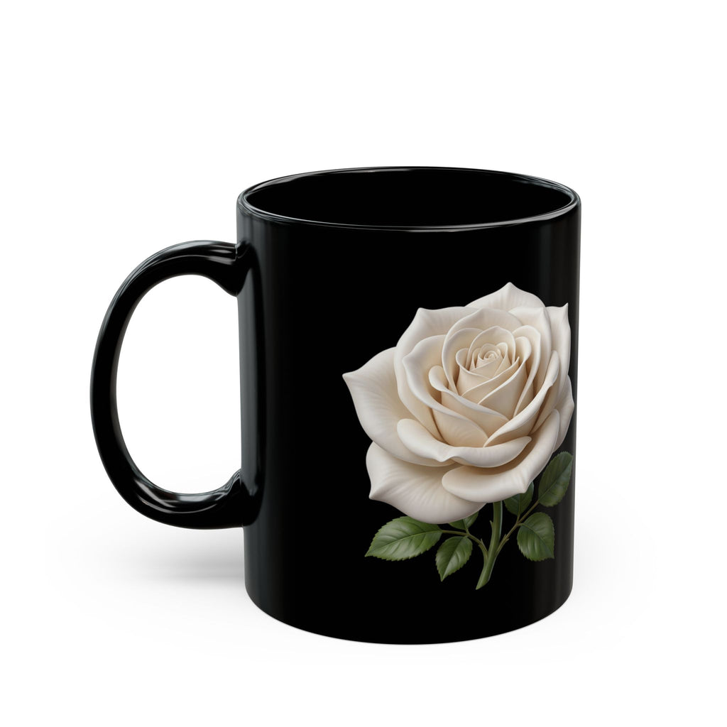 White Rose Black Mug — Elegant Floral Coffee Cup (11oz & 15oz)