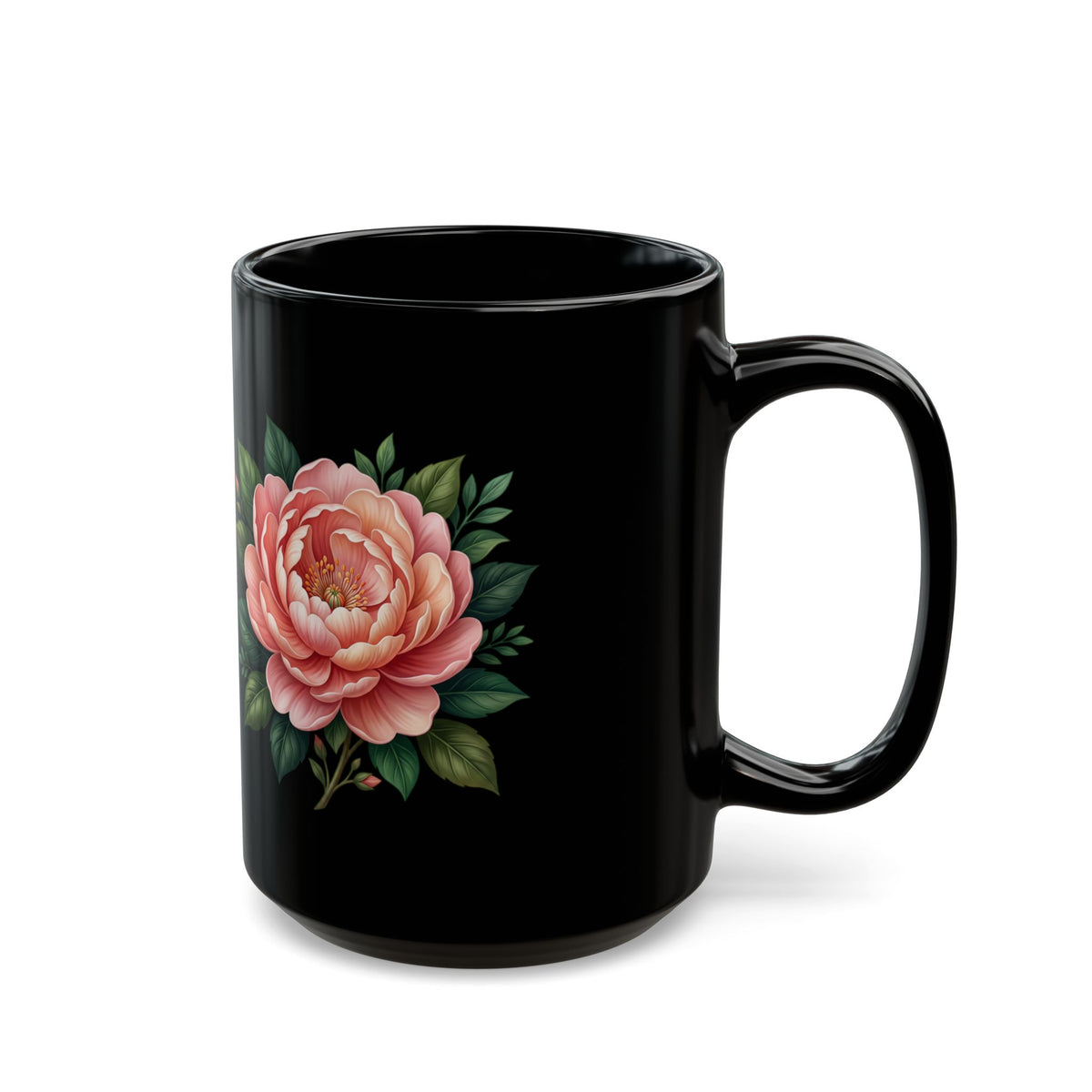 Floral Peony Black Mug — Pink Rose Coffee Cup (11oz, 15oz)