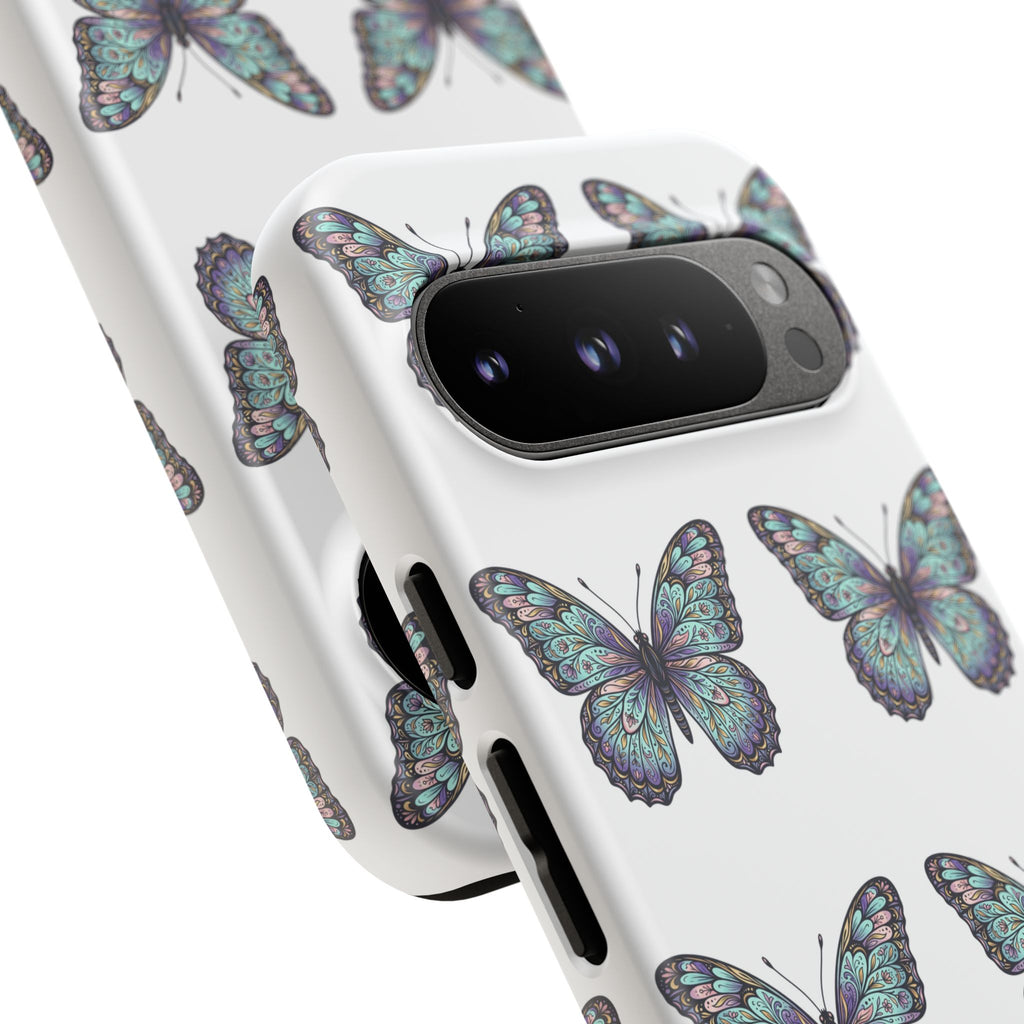 Butterfly Pattern Tough Phone Case — Vintage Teal Floral Protective Cover