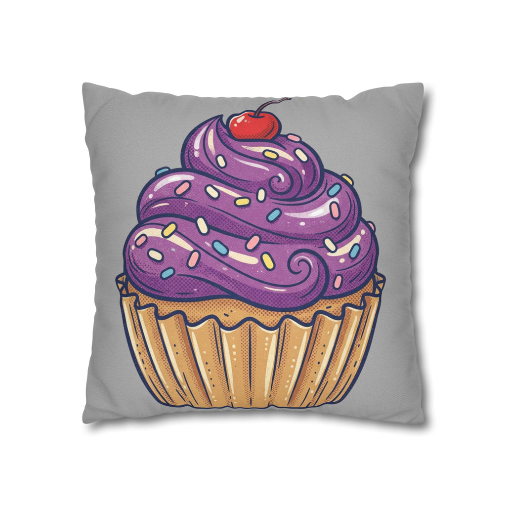 Cupcake Cushion Cover — Purple Frosting Dessert Pillowcase- Light Grey