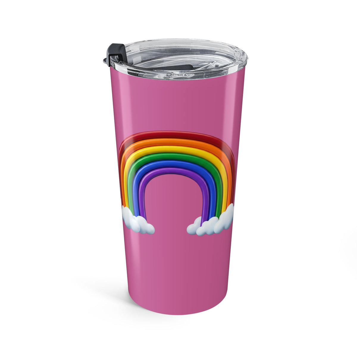 Pink Rainbow Tumbler 20oz — Insulated Travel Cup with Clouds
