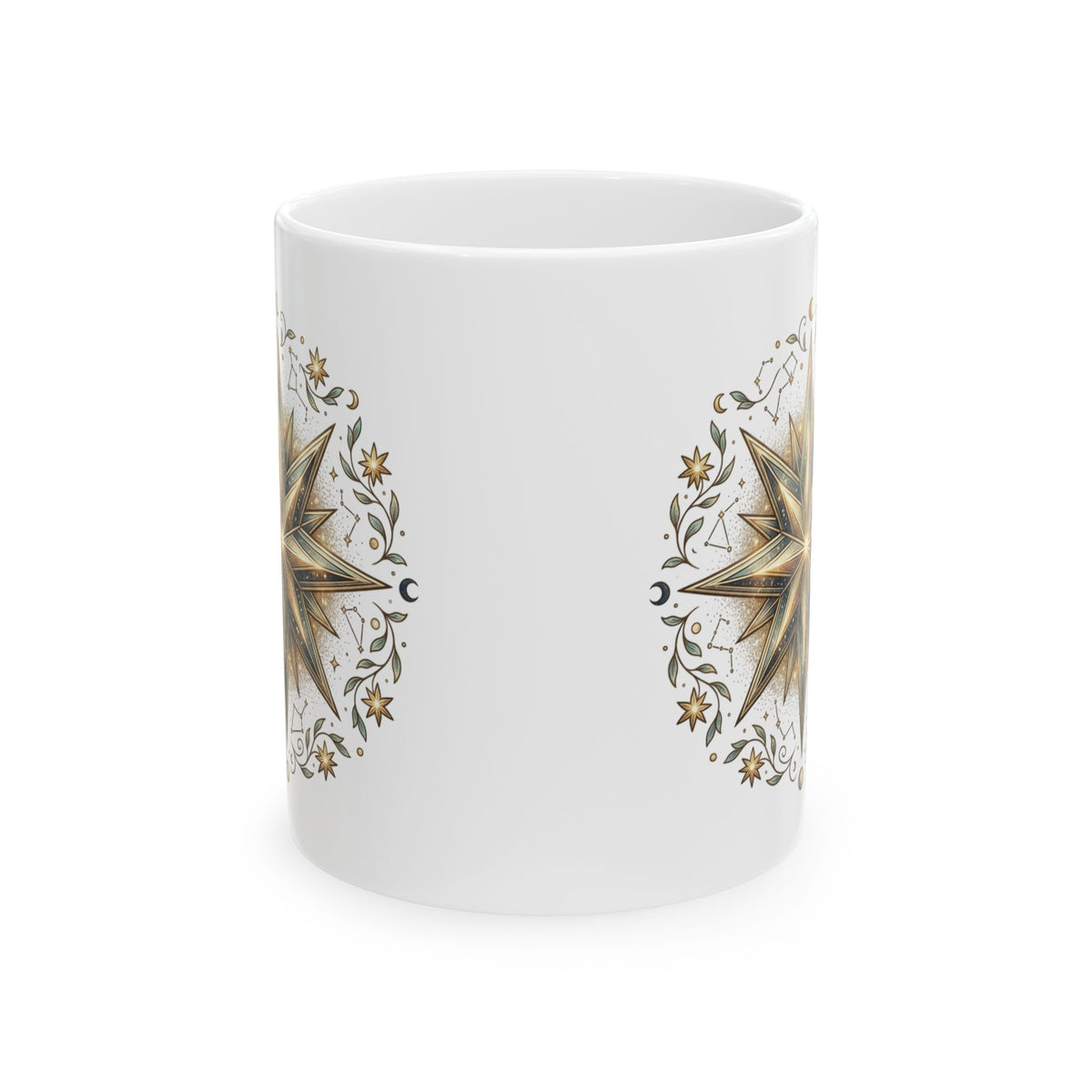 Boho Compass Ceramic Mug – Gold Sun Mandala Coffee Cup (11oz & 15oz)