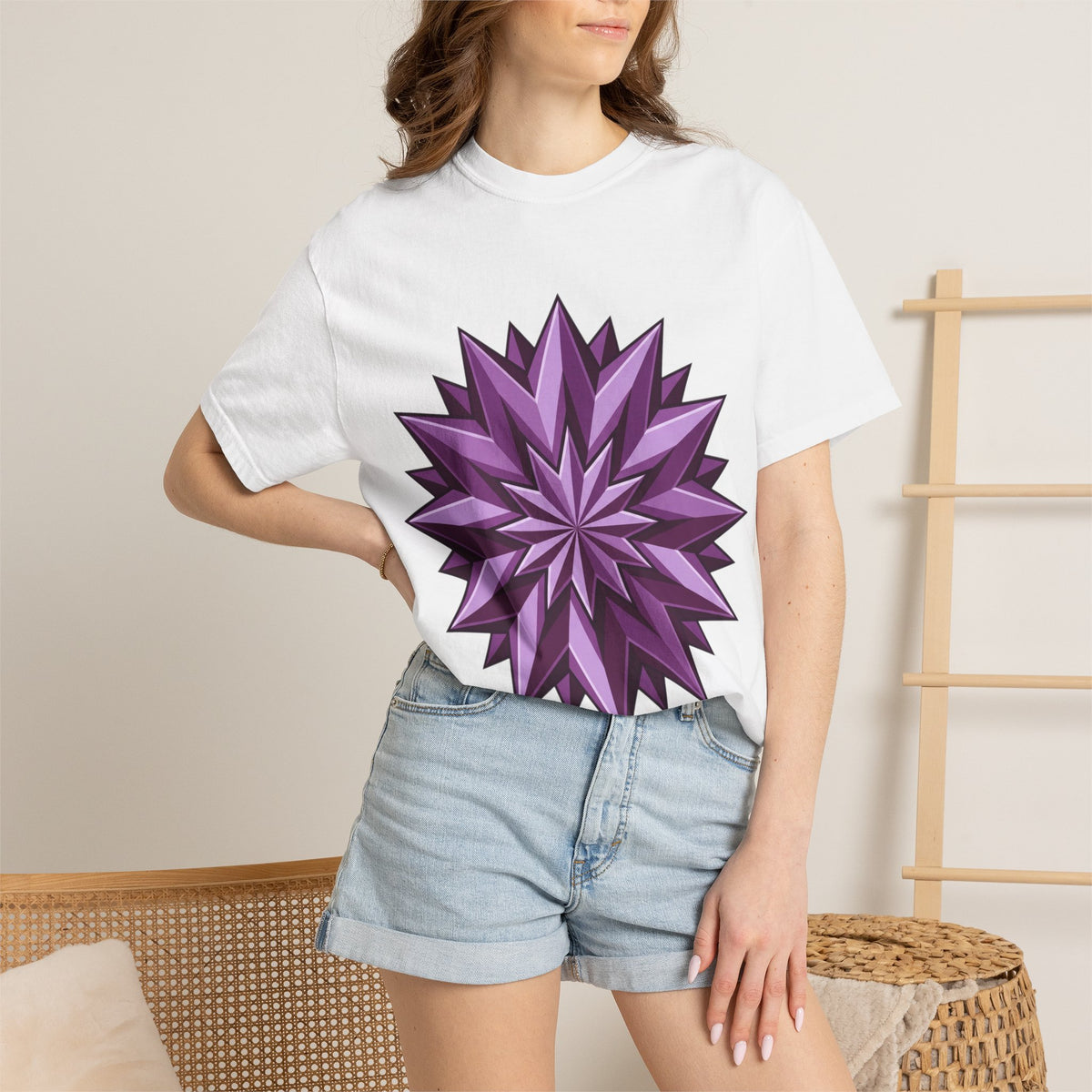 Purple Geometric Starburst T-Shirt — Bold 3D Floral Graphic Tee