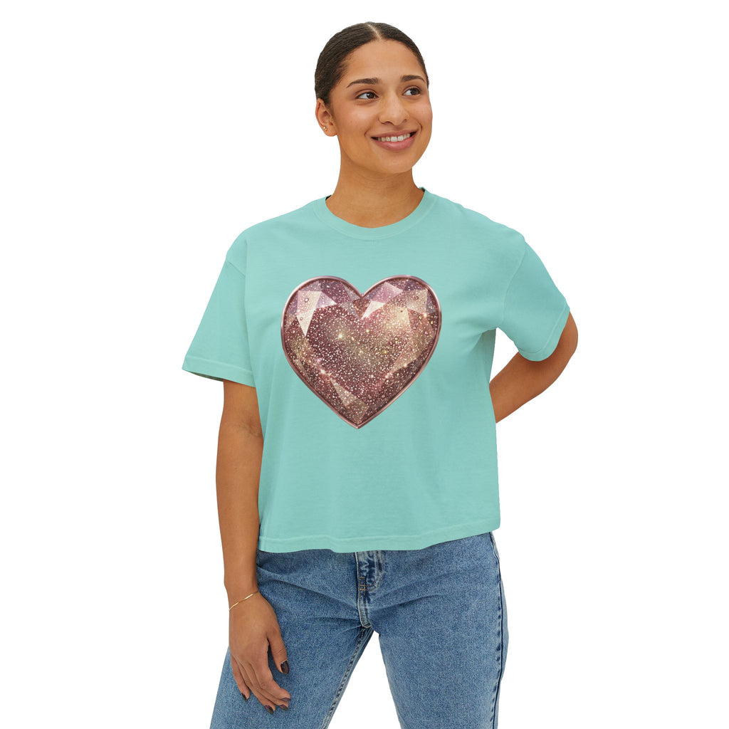 Glitter Gem Heart Boxy Tee — Women's Sparkle Heart Graphic Shirt
